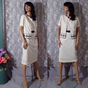 Vintage 60s Dress & Jacket Set 1960s White Summer Cocktail Outfit Size Small